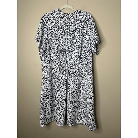 Lands End Dress 1X Blue White Floral Tie Cinched Waist Coastal Preppy Button - Picture 4 of 10
